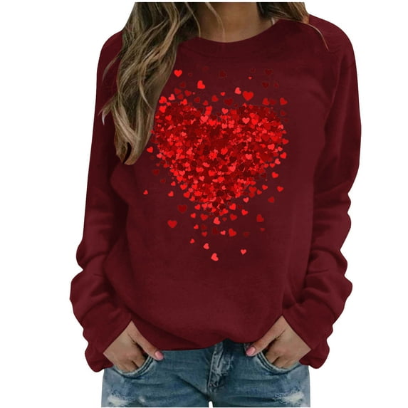 TKLPEHG Womens Heart Sweatshirt Valentines Day Casual Dressy Crewneck Sweatshirt Raglan Sleeve Loose Lightweight Long Sleeve Heart Print Graphic Tops Pullover (Wine,XXL)