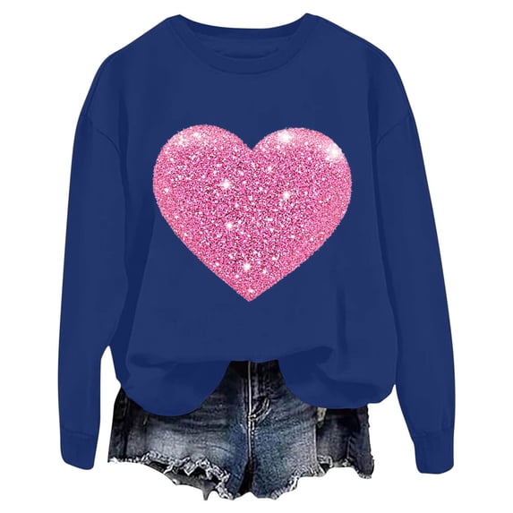 TKLPEHG Womens Heart Sweatshirt Valentines Day Crewneck Sweatshirt Casual Dressy Lightweight Heart Print Graphic Tops Loose Long Sleeve Pullover (Blue,L)