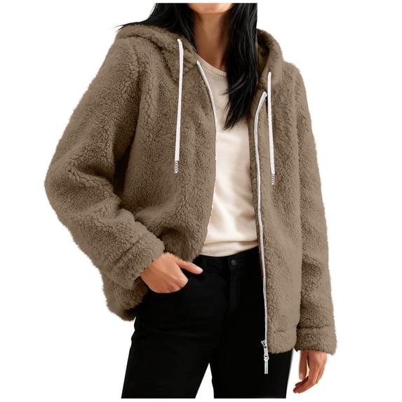 TKLPEHG Womens Hooded Fleece Jacket Zip Up Fleece Coat with Pockets Warm Coats Fashion Winter Jackets Outerwear (Khaki,L)