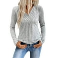 thumbnail image 1 of TKLPEHG Womens Knit Tops Solid Color V Neck Ribbed Knitted Sweater Fashion Brushed Stripe Long Sleeve Knit Tops (Gray,S), 1 of 6
