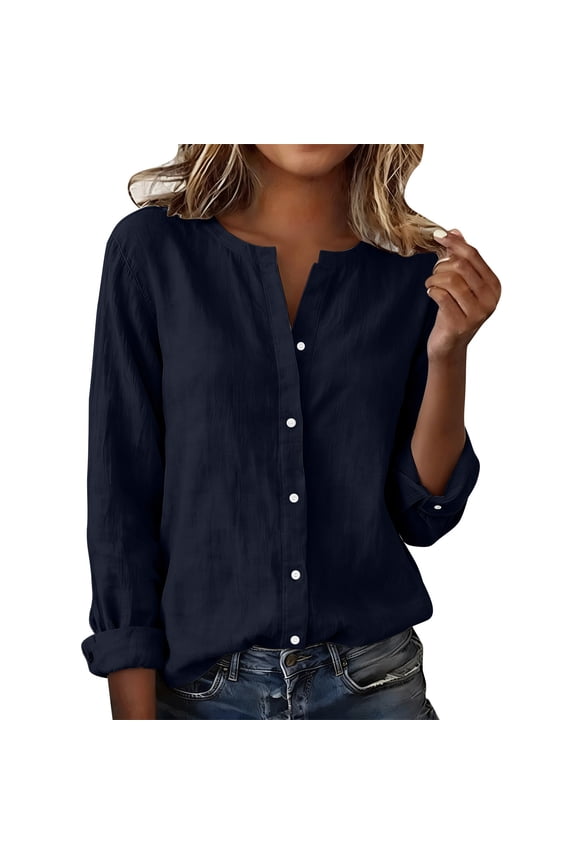 Womens Long Sleeve Shirts Dressy Casual Button Shirts Spring Lightweight Soft Ladies Tops V-Neck Solid Color Blouses (Navy,M)