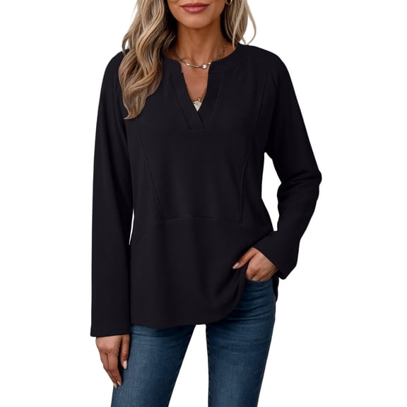 TKLPEHG Womens Long Sleeve Shirts Dressy Casual Patchwork Versatile Tunic Tops Ladies Tops V-Neck Solid Color Spring Lightweight Soft Blouses (Black,XL)