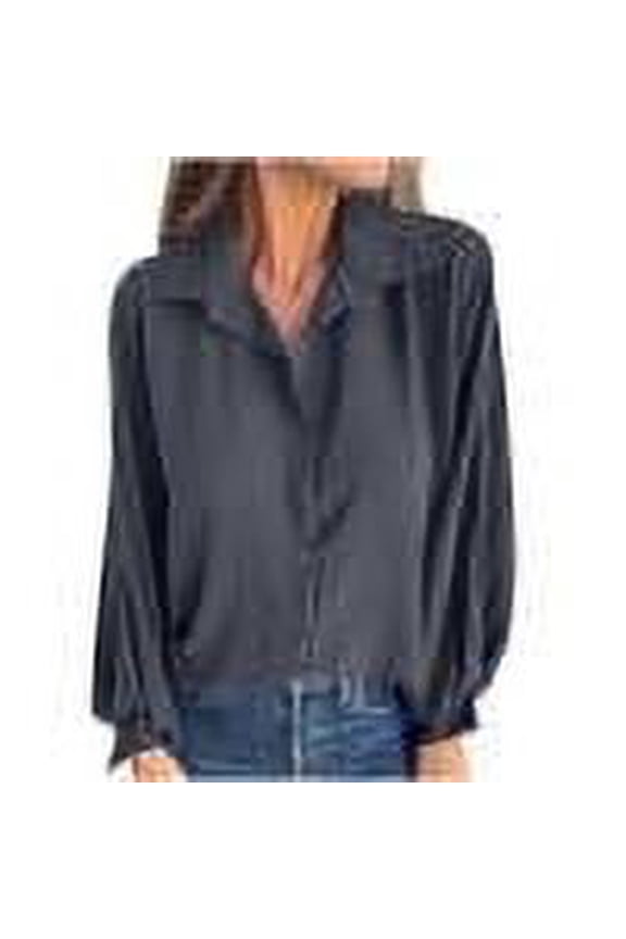 Womens Long Sleeve Tops Button Lapel Puff Sleeve Shirts Lightweight Classic Solid Color Fashion Loose Casual Blouses (Black,S)
