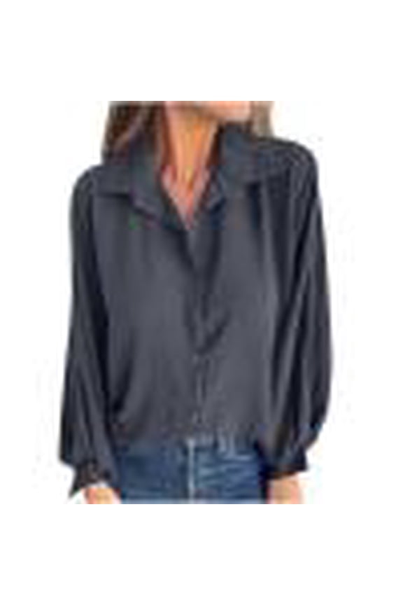 Womens Long Sleeve Tops Button Lapel Puff Sleeve Shirts Lightweight Classic Solid Color Fashion Loose Casual Blouses (Black,XXL)