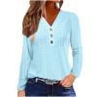 TKLPEHG Womens Long Sleeve Tops Button V Neck Eyelet Tunic Tops Lightweight Casual Classic Solid Color Fashion Loose Blouse (Blue,M)