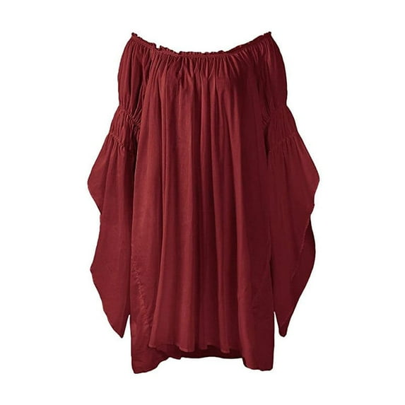 TKLPEHG Womens Long Sleeve Tops Casual Crew Neck Pleated Tunic Tops Loose Lightweight Classic Solid Color Fashion Leisure Comfy Blouse (Red,M)