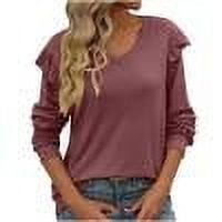 TKLPEHG Womens Long Sleeve Tops Casual V Neck Pleated Shirt Lightweight Classic Solid Color Leisure Comfy Fashion Loose Blouses (Purple,L)