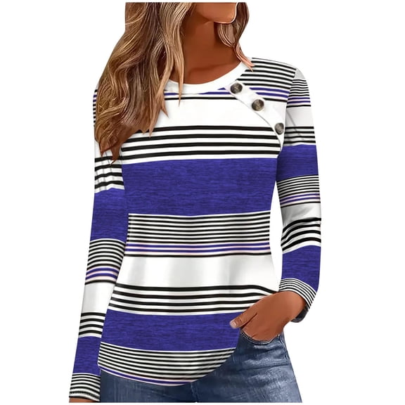 TKLPEHG Womens Long Sleeve Tops Crew Neck Button Tunic Tops Classic Striped Print Fashion Loose Lightweight Casual Blouses (Blue,XXXXXL)