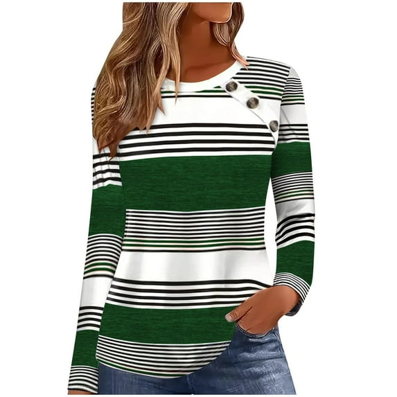 TKLPEHG Womens Long Sleeve Tops Crew Neck Button Tunic Tops Classic Striped Print Fashion Loose Lightweight Casual Blouses (Green,XXXXL)