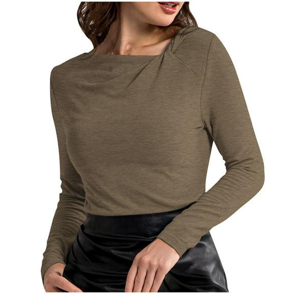 TKLPEHG Womens Long Sleeve Tops Twisted Slim Tops Lightweight Classic Solid Color Loose Fashion Casual Comfy Blouse (Khaki,L)