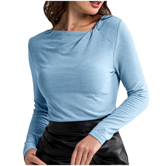TKLPEHG Womens Long Sleeve Tops Twisted Slim Tops Lightweight Classic Solid Color Loose Fashion Casual Comfy Blouse (Light Blue,L)