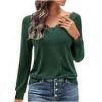 TKLPEHG Womens Long Sleeve Tops V Neck Crochet Lace Trim Tunic Shirts Lightweight Casual Fashion Loose Classic Solid Color Blouses (Army Green,XL)