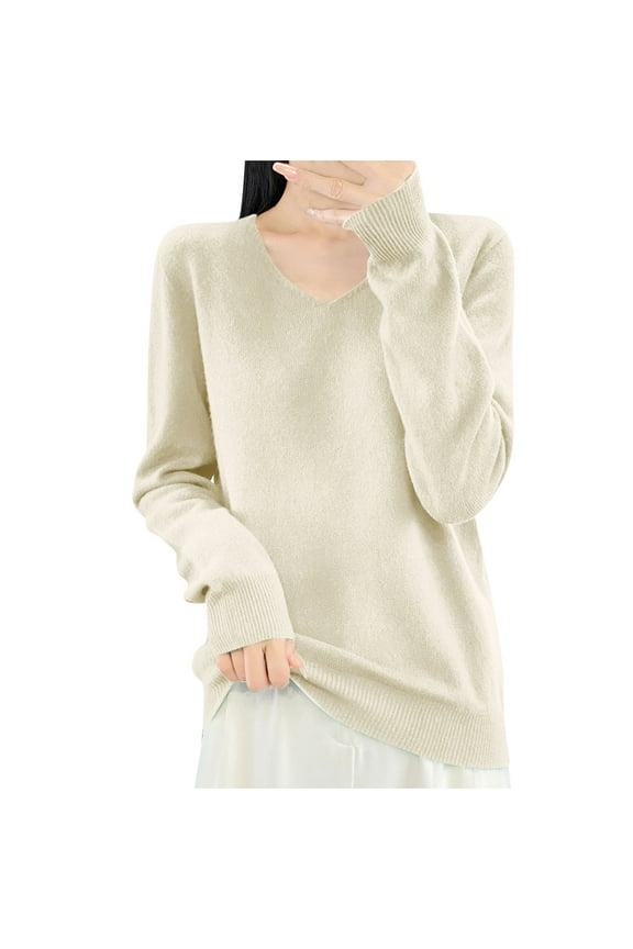 Womens Long Sleeve Tops V Neck Knitted Sweaters Pullover Lightweight Classic Solid Color Loose Fashion Casual Pullover (Beige,S)