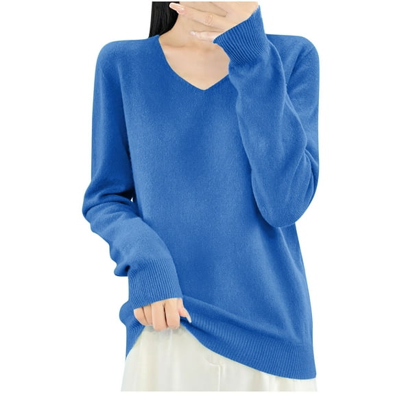 TKLPEHG Womens Long Sleeve Tops V Neck Knitted Sweaters Pullover Lightweight Classic Solid Color Loose Fashion Casual Pullover (Blue,XL)