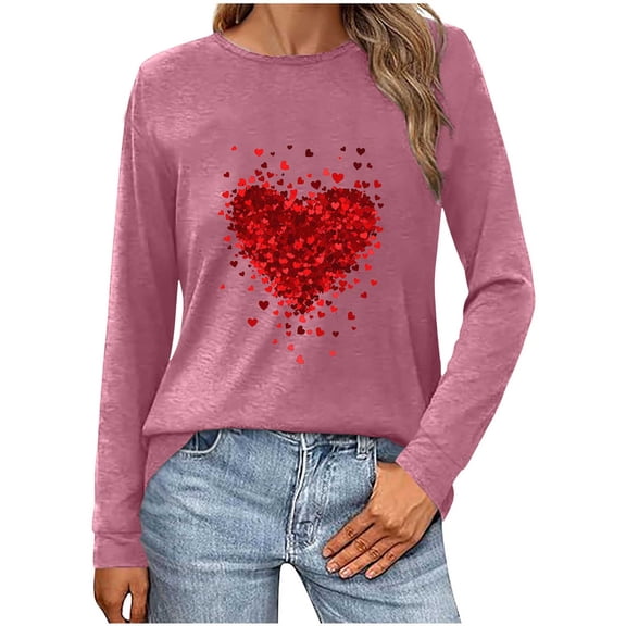 TKLPEHG Womens Long Sleeve Tops Valentine'S Day Shirt Crewneck Tshirt Casual Dressy Lightweight Heart Print Graphic Tee Loose Long Sleeve Tshirt Blouse (Pink,S)