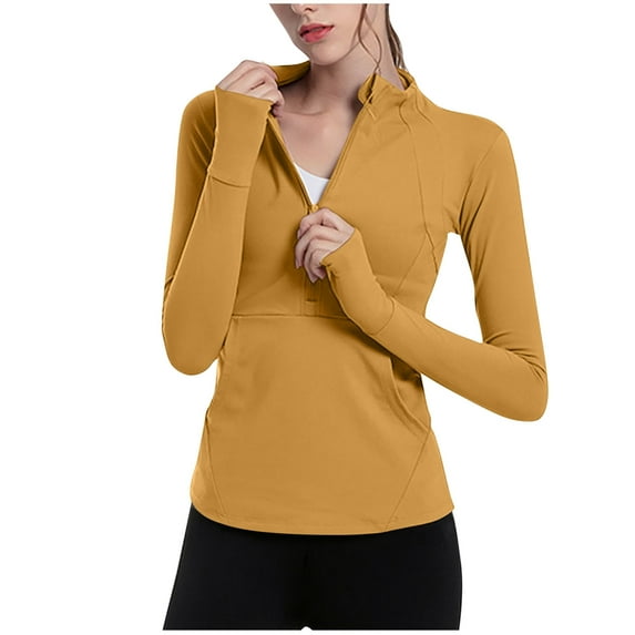 TKLPEHG Womens Long Sleeve Workout Tops Quarter Zip Pullover Casual Comfy Crop Athletic Slim Yoga Shirts (Yellow,S)