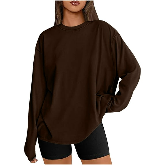 TKLPEHG Womens Oversized Long Sleeve T Shirts Basic Crewneck Tee Solid Comfortable Workout Fall Fashion Casual Clothes (Coffee,M)