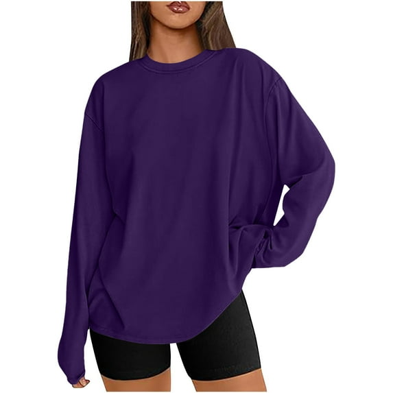 TKLPEHG Womens Oversized Long Sleeve T Shirts Basic Crewneck Tee Solid Comfortable Workout Fall Fashion Casual Clothes (Purple,S)