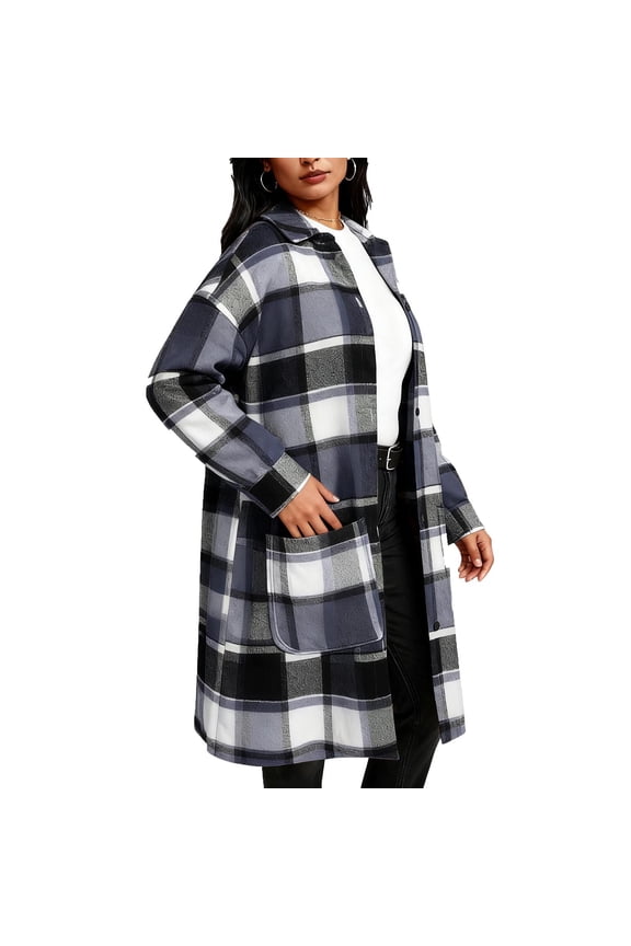 Womens Plaid Jacket Long Winter Lapel Peacoat Button Up Warm Overcoats Trendy Comfy Outerwear Casual Jackets (Black,S)