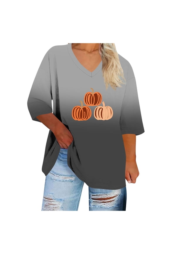 Womens Plus Size Thanksgiving Shirts for Women Fall Fashion V Neck Pumpkin T-Shirt Casual Loose Short Sleeve Shirts (Black,XXXL)
