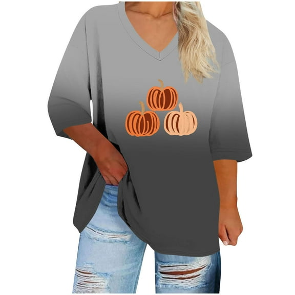 TKLPEHG Womens Plus Size Thanksgiving Shirts for Women Fall Fashion V Neck Pumpkin T-Shirt Casual Loose Short Sleeve Shirts (Black,XXXXL)
