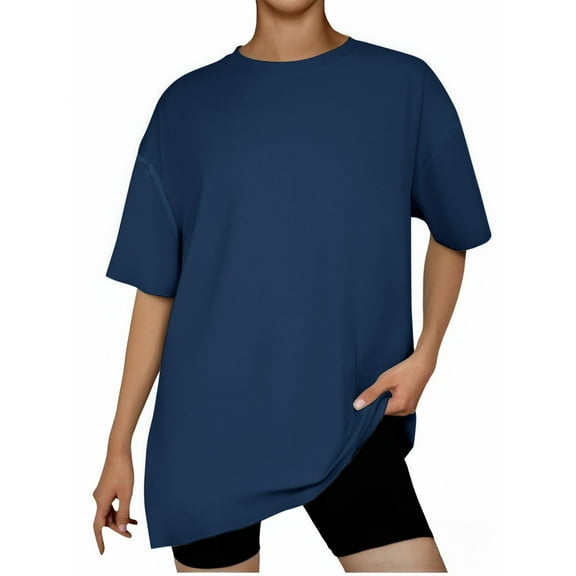 TKLPEHG Womens Shirts Crew Neck Oversized Tshirt Fashion Solid Color Going Out Tops Casual Summer Loose Shirts Short Sleeve T Shirts Blouses (Navy,M)