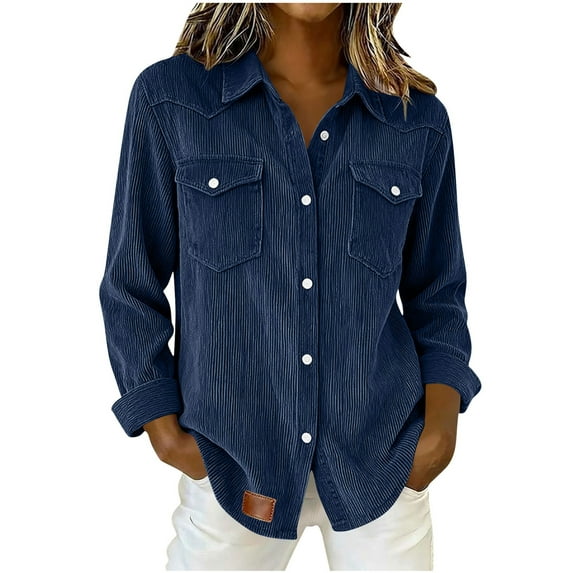 TKLPEHG Womens Shirts Long Sleeve Corduroy Bottun Up Shirts with Pocket Ladies Tops Solid Color Soft Spring V-Neck Lightweight Shirt (Navy,M)