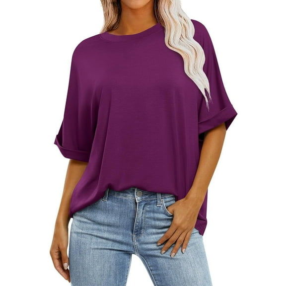 TKLPEHG Womens Short Sleeve Blouses Crew Neck Basic Short Sleeve Tshirt Summer Clothes Fashion Short Sleeve T Shirt Solid Color Comfy Lightweight Loose Casual Blouses (Purple,L)