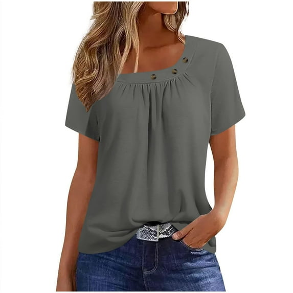 TKLPEHG Womens Short Sleeve Blouses Square Neck Pleated Button Tunic Top Lightweight Solid Color Loose Short Sleeve T Shirt Fashion Casual Comfy Summer Clothes Blouses (Dark Gray,S)