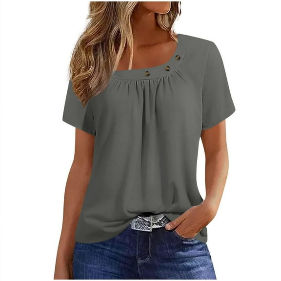 TKLPEHG Womens Short Sleeve Blouses Square Neck Pleated Button Tunic Top Lightweight Solid Color Loose Short Sleeve T Shirt Fashion Casual Comfy Summer Clothes Blouses (Dark Gray,M)