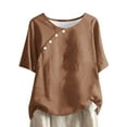thumbnail image 1 of TKLPEHG Womens Short Sleeve Shirts Crew Neck Button Shirt Comfy Summer Clothes Solid Color Lightweight Loose Short Sleeve T Shirt Casual Fashion Blouses (Brown,M), 1 of 5