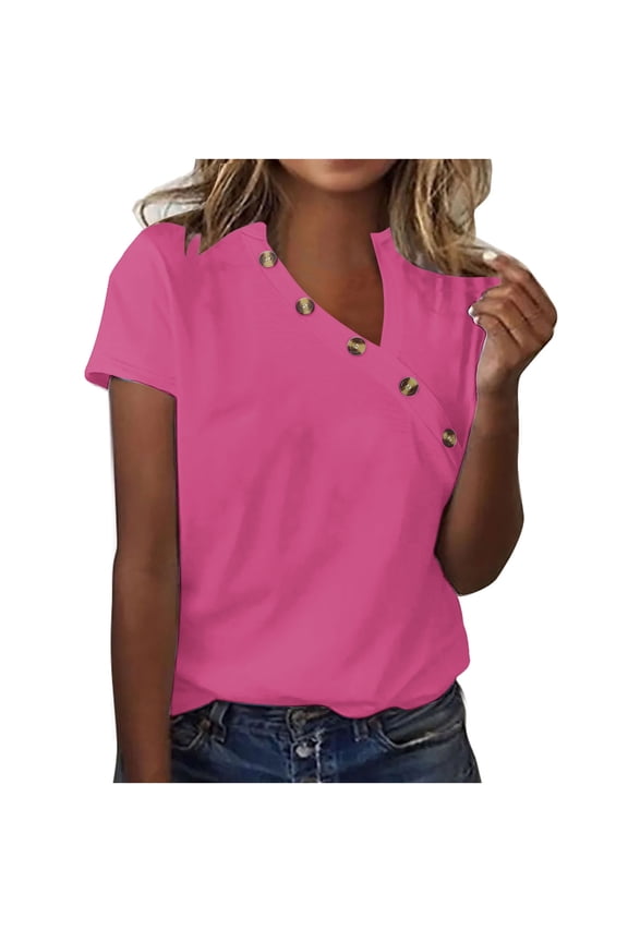 Womens Short Sleeve Shirts V-Neck Button Plus Size Tshirt Summer Clothes Solid Color Fashion Loose Short Sleeve T Shirt Lightweight Casual Comfy Blouses (Pink,XL)