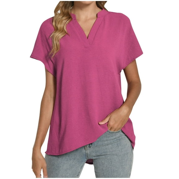 TKLPEHG Womens Short Sleeve Shirts V-Neck Tunic Shirt Casual Fashion Comfy Lightweight Solid Color Loose Short Sleeve T Shirt Summer Clothes Blouses (Hot Pink,XXL)
