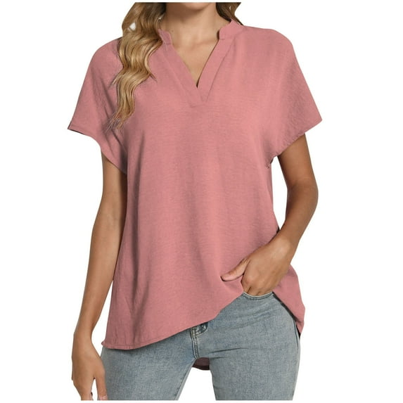 TKLPEHG Womens Short Sleeve Shirts V-Neck Tunic Shirt Casual Fashion Comfy Lightweight Solid Color Loose Short Sleeve T Shirt Summer Clothes Blouses (Pink,XXL)