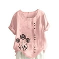 thumbnail image 1 of TKLPEHG Womens Short Sleeve T Shirts Button Crew Neck Linen Tops Summer Casual Loose Fitted Basic Tops Classic Fashion Print Tshirt Blouses (Pink,L), 1 of 4