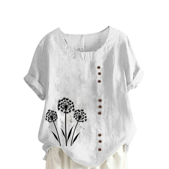 TKLPEHG Womens Short Sleeve T Shirts Button Crew Neck Linen Tops Summer Casual Loose Fitted Basic Tops Classic Fashion Print Tshirt Blouses (White,M)