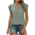 thumbnail image 1 of TKLPEHG Womens Short Sleeve T Shirts V-Neck Ruffled Sleeve Elegant Shirts Loose Fitted Classic Solid Color Tshirt Basic Tops Summer Casual Womens Clothes (Army Green,XXL), 1 of 2