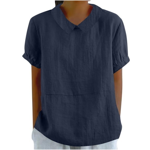 TKLPEHG Womens Short Sleeve Tops Crew Neck Cotton Linen Top Casual Loose Short Sleeve T Shirt Fashion Comfy Summer Clothes Solid Color Lightweight Blouses (Navy,M)