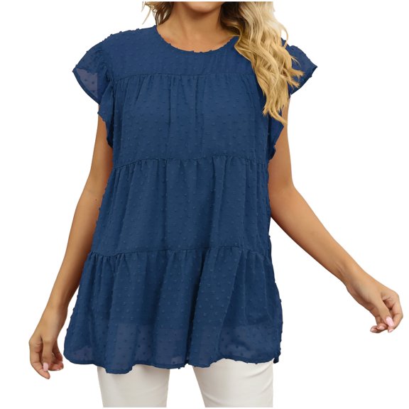 TKLPEHG Womens Short Sleeve Tops Summer Solid Color Round Neck Tshirts Short Sleeve T Shirts Lightweight Casual Loose Going Out Tops Blouse(Blue,S)