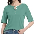 thumbnail image 1 of TKLPEHG Womens Short Sleeve Tops V Neck Button T-Shirt Short Sleeve T Shirts Loose Lightweight Summer Solid Color Going Out Tops Casual Blouse(Green,L), 1 of 5