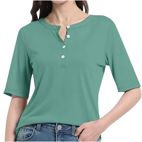 TKLPEHG Womens Short Sleeve Tops V Neck Button T-Shirt Short Sleeve T Shirts Loose Lightweight Summer Solid Color Going Out Tops Casual Blouse(Green,L)