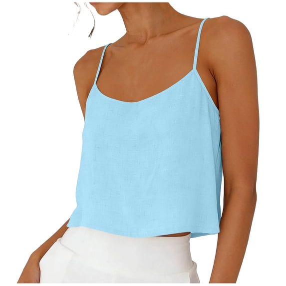 TKLPEHG Womens Spaghetti Strap Tank Top Sleeveless Shirts Back Button Sling Tank Tops Crew Neck Casual Loose Fit Summer Fashion Solid Color Tshirt (Light Blue,M)