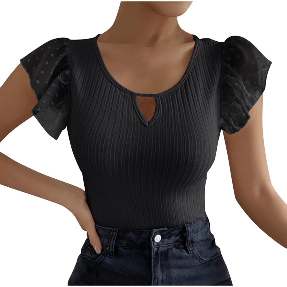 TKLPEHG Womens Summer Tops Crew Neck Ruffle Sleeve Elegant Shirt Lightweight Short Sleeve T Shirt Fashion Comfy Solid Color Loose Casual Blouses (Black,L)