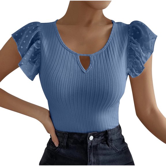 TKLPEHG Womens Summer Tops Crew Neck Ruffle Sleeve Elegant Shirt Lightweight Short Sleeve T Shirt Fashion Comfy Solid Color Loose Casual Blouses (Blue,XXL)