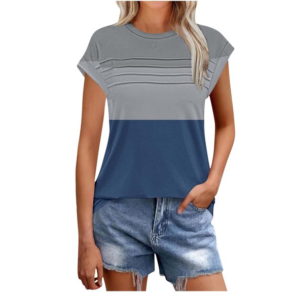 TKLPEHG Womens Summer Tops Crew Neck Shirts Lightweight Color Block Patchwork Graphic Tee Regular Short Sleeve Blouses Western Outfit for Women Fashion Leisure Blouses (Blue,M)
