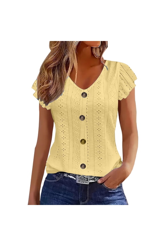 Womens Summer Tops Dressy Casual V Neck Eyelet Shirts Ruffle Short Sleeve Tunic Tops Button Solid Color Casual Blouse (Yellow,XXL)