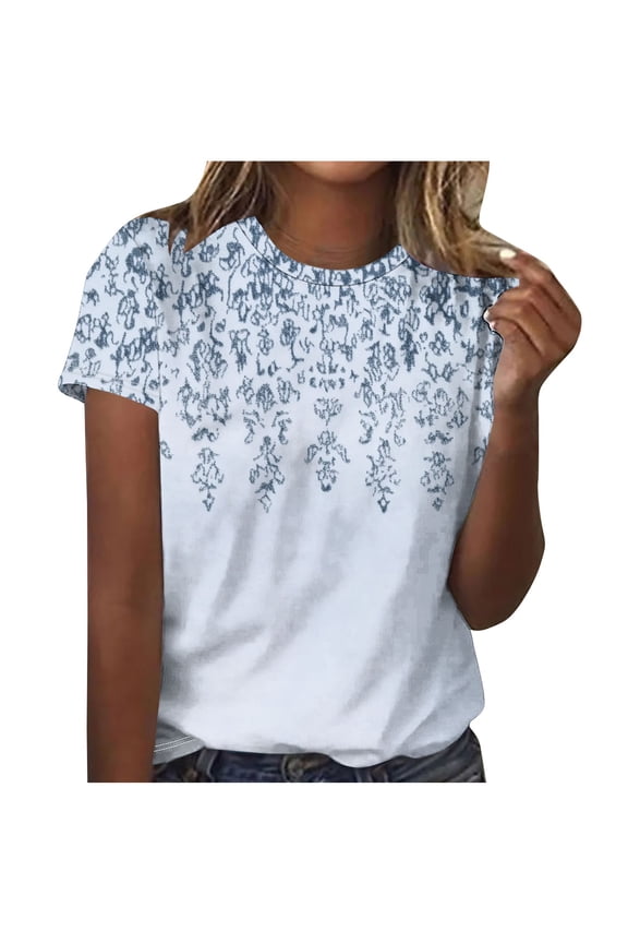 Womens Summer Tops Short Sleeve T Shirts Crew Neck Loose Fashion Print Graphic Tee Summer Fashion Comfy Casual Blouses (Blue,S)