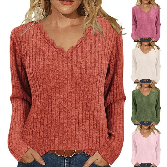 TKLPEHG Womens Sweaters Long Sleeve Long Sleeve Tops V Neck Dressy Casual Trendy Shirts Fall Fashion Ribbed Knit Sweater (Beige,L)