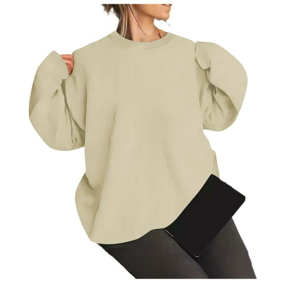TKLPEHG Womens Sweatshirt Crew Neck Drop Shoulder Sweatshirts Loose Long Sleeve Classic Solid Color Fashion Lightweight Casual Pullover (Beige,L)