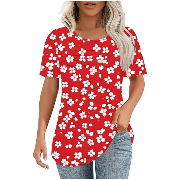 TKLPEHG Womens T Shirts Crew Neck Pleated Tunic Shirts Loose Fitted Summer Dressy Casual Blouses Short Sleeve T Shirts Floral Print Tshirt Fashion Womens Clothes (Red,XL)